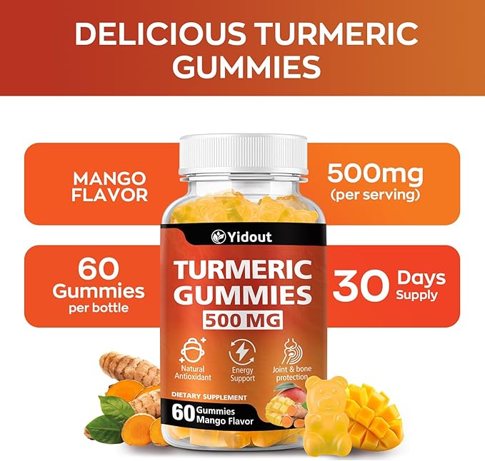 Turmeric Curcumin Gummies, Gummy with 500mg Turmeric Curcumin and Ginger with Black Pepper Extract for High Absorption,Mango Flavor (60 Count（Pack of 2）)
