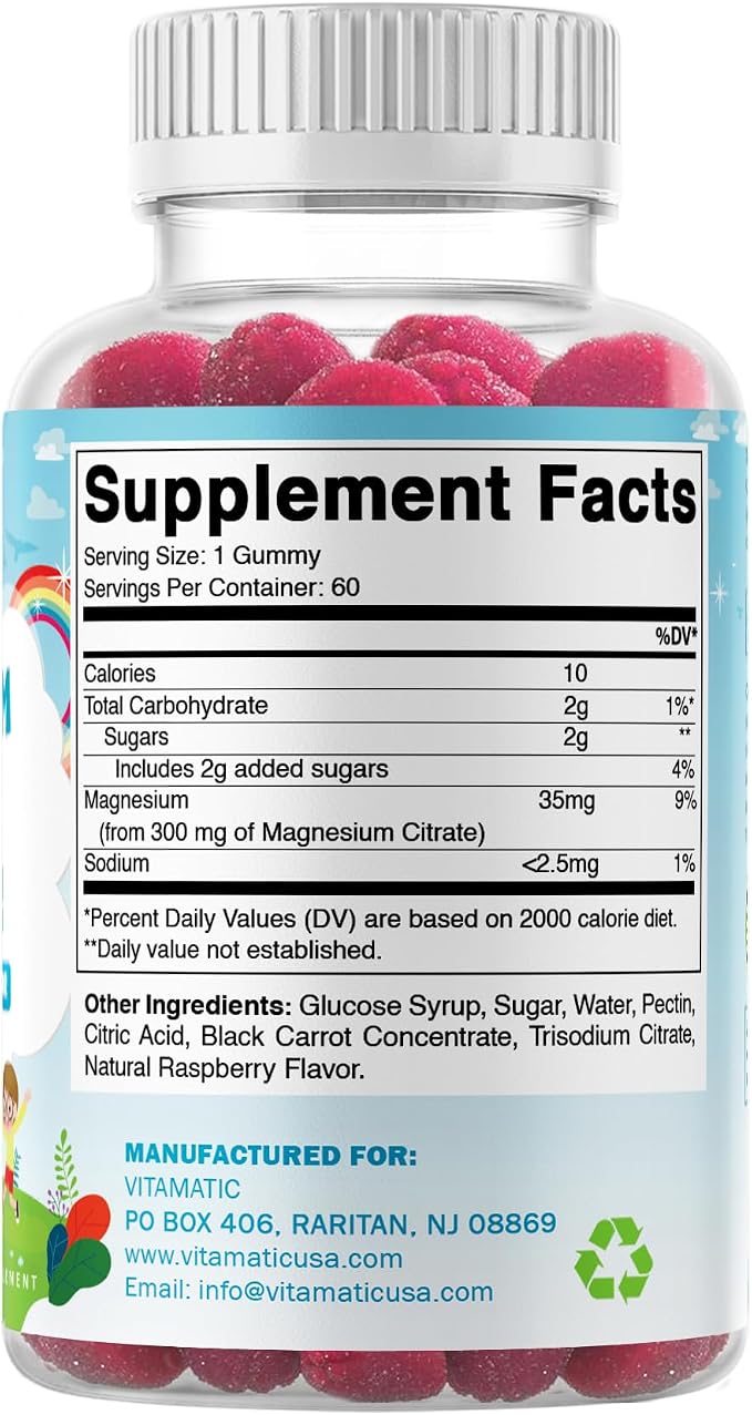 Vitamatic Kids Magnesium Calm Gummies - 60 Vegan Count - Great Tasting - Promote Healthy, Muscle, Bone, & Energy Support