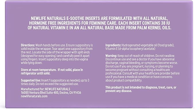 NewLife Naturals Vitamin E Suppositories for Women 38IU ESoothe - All Natural Moisturizer Support - Feminine Care Hydration and Moisture Support, Postpartum Hormonal Changes & More - 48 Inserts, USA