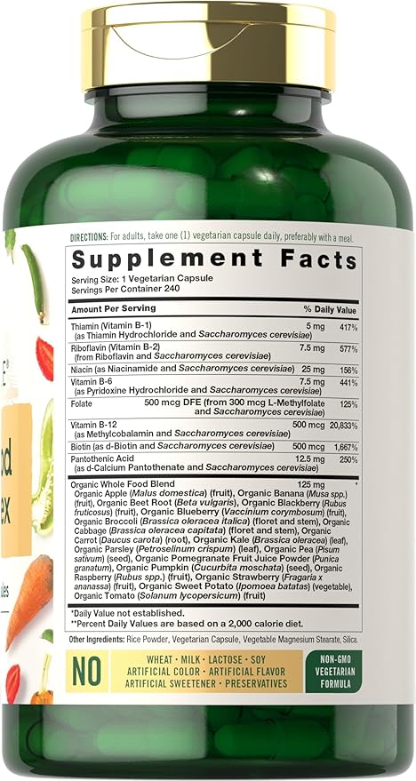 Carlyle Vitamin B Complex Whole Foods Blend | 240 Capsules | with B1, B2, B6, B12, Biotin, Niacin, and Methylfolate | Vegetarian, Non-GMO & Gluten Free Supplement