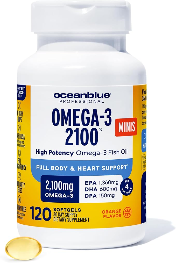 Oceanblue Professional Omega-3 2100mg Mini Fish Oil Softgels - Triple Strength, High Potency EPA, DHA & DPA - Burpless, Wild-Caught, Natural Orange Flavor - 120 Count