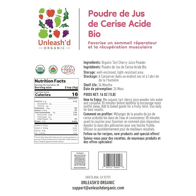 UNLEASH'D ORGANIC Organic Tart Cherry Juice Powder 16 oz – 100% Pure Natural Superfood, Rich in Antioxidants & Vitamins