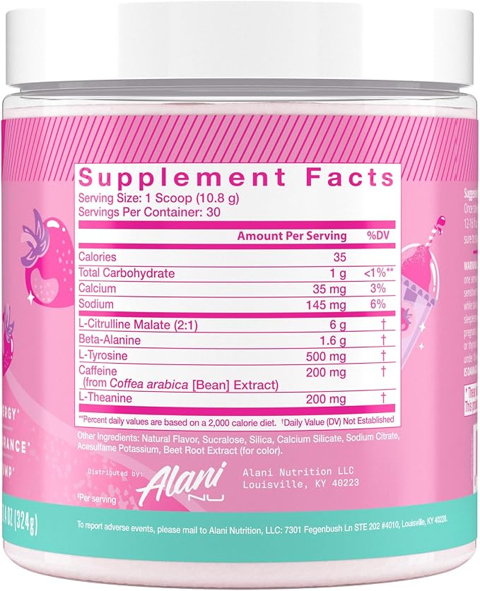 Alani Nu Pre Workout Powder Pink Slush, Amino Energy Boost, Endurance Supplement, Sugar Free, 200mg Caffeine, L-Theanine, Beta-Alanine, L-Citrulline, 30 Servings