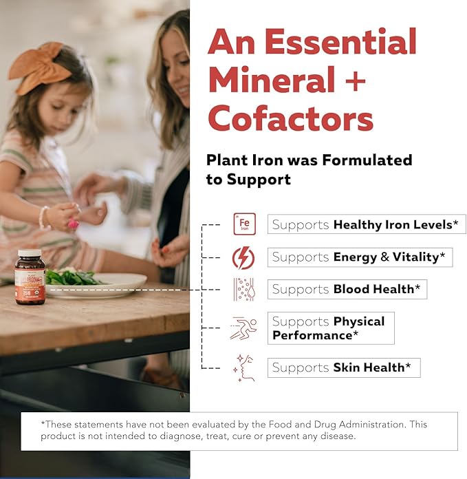 Organic Iron Supplement | Whole Food Mineral & Cofactors, 25 mg Elemental | Enhanced Absorption Plus Blood Health Vitamins – Gentle Form – Supports Healthy Levels & Blood Health – 90 Capsules