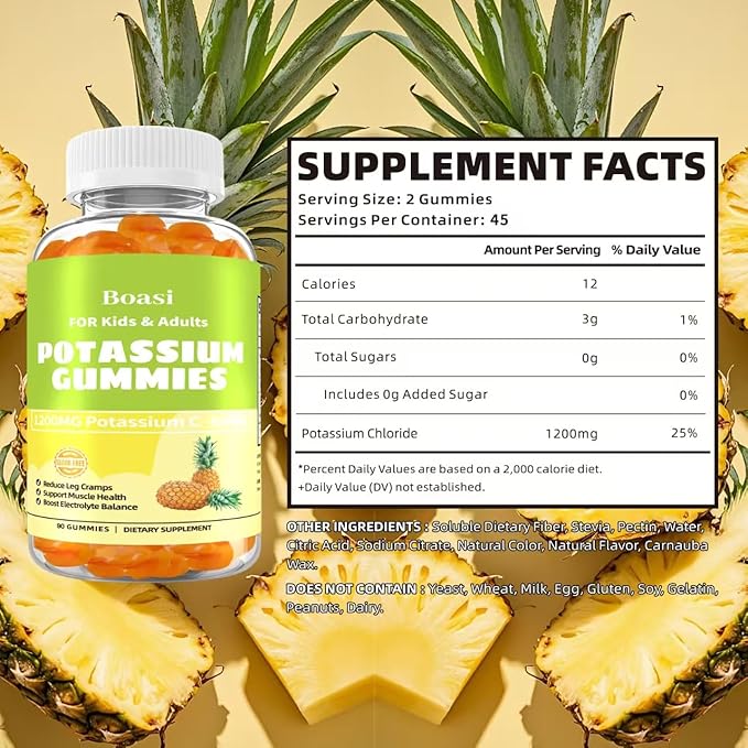 90 Count 1200mg Potassium Chloride Gummies,Sugar Free Electrolyte Balance Gummies,Muscle Relief & Heart Health Potassium Supplement for Adults Women Men
