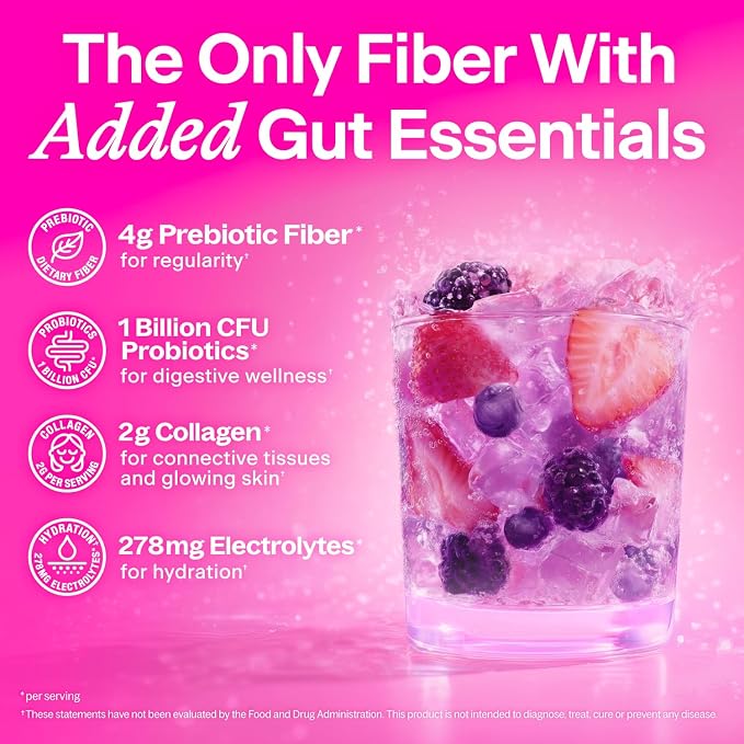 Belli Welli Fiber Supplement for Women & Men – Premium Daily Fiber Powder from Organic Acacia with Added Collagen, Electrolytes & Probiotics – No Bloat, Constipation & Gut Health Support (Wild Berry)