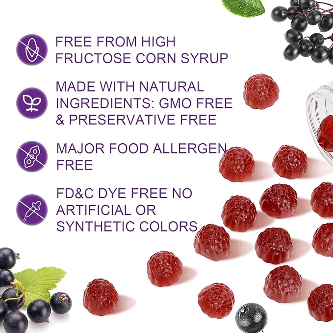 60 Gummies Sambucus Elderberry Gummies - Immune Support for Adults and kids 4+ 5 in 1 with Vitamin C, Zinc, Yeast β-glucan, Probiotics Complex, Nature Elderberry Supplement, Non-GMO, Gluten Free