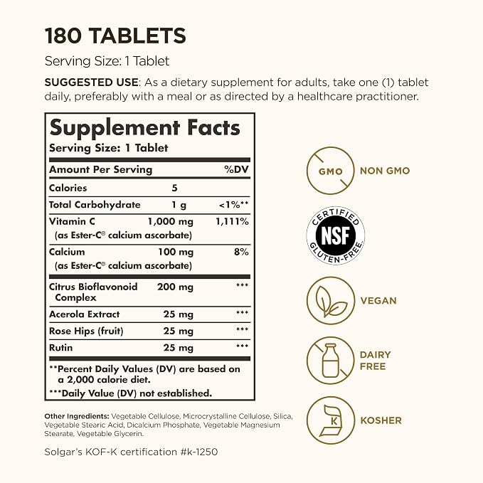 Solgar Ester-C Plus 1000 mg Vitamin C (Ascorbate Complex) - 180 Tablets - Gentle & Non Acidic - Supports Upper Respiratory Health - Non-GMO, Gluten-Free - 180 Servings