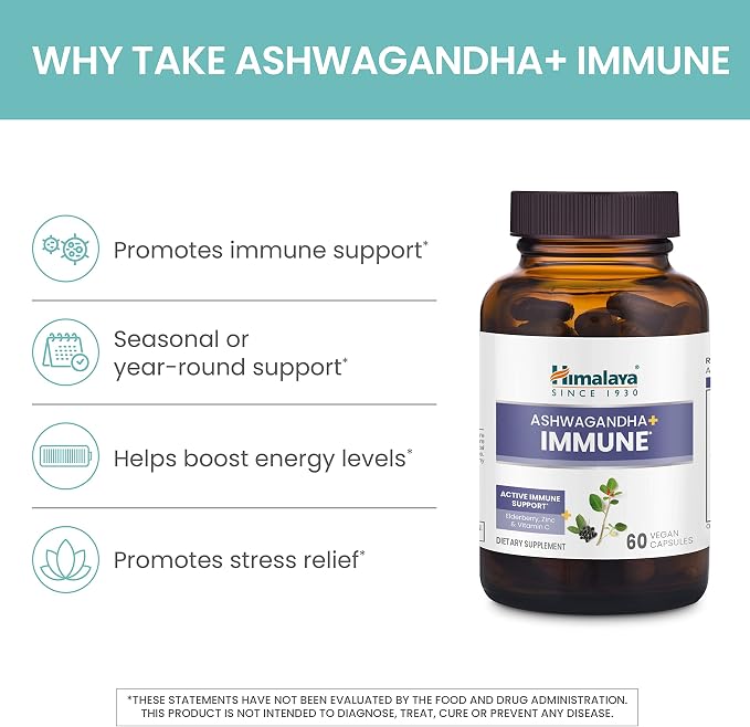 Himalaya Ashwagandha+ Immune - Herbal Immune Support Supplement with Vitamin C, Zinc, Elderberry, and Amla for Immunity - Vegan, Non-GMO, Gluten Free, 960 mg, 60 Capsules