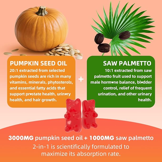 2 Pack Pumpkin Seed Oil Gummies with Saw Palmetto, Organic Pumpkin Seed Oil Supplement, High Pure Extract for Women Men, Raspberry Flavor, 120 Count