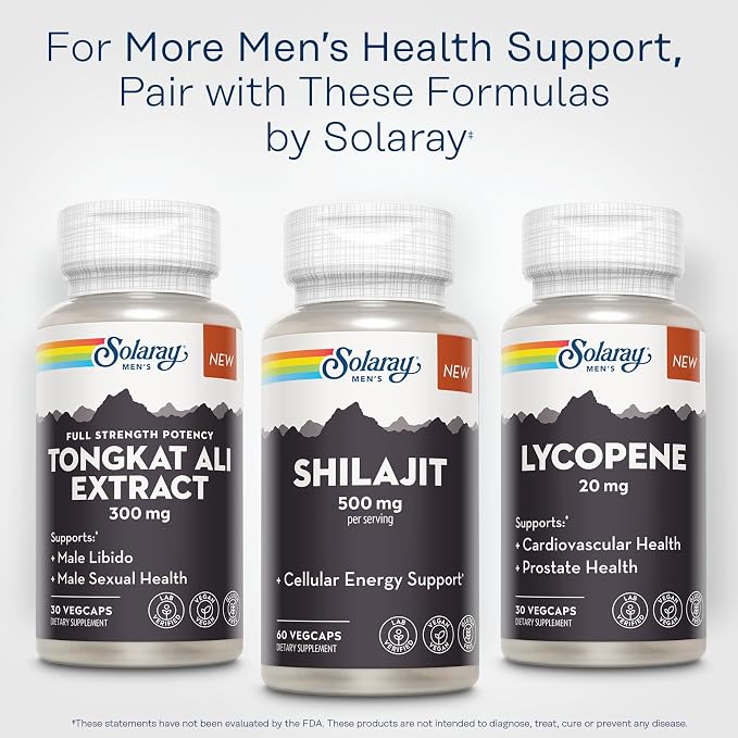 SOLARAY Shilajit 500 mg, PrimaVie (R) Himalayan Shilajit for Men, Adaptogenic Cellular Energy Support, Men’s Health Supplement, Vegan, Gluten Free, 60-Day Guarantee - 30 Servings, 60 VegCaps