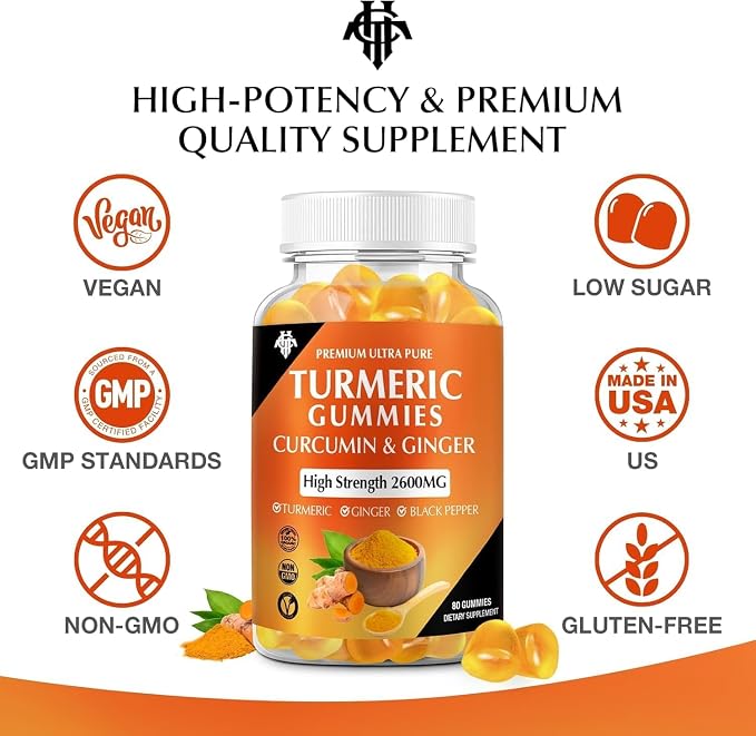 Turmeric Curcumin Gummies (6 Pack) - Turmeric Curcumin Supplements with Ginger & Black Pepper Gummies for Immune Muscle Support Healthy Skin - Vegan, Gluten Free, Low Sugar - for Adults