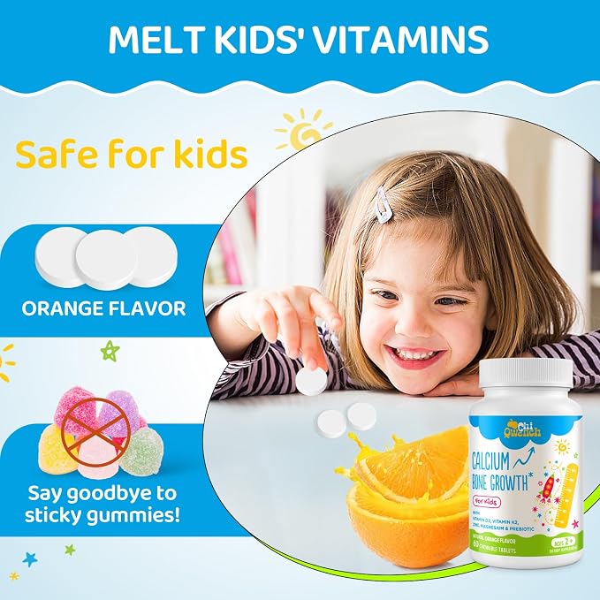 ChiQwench 500 MG Calcium Supplement with Vitamin D3 & K2, Zinc, Magnesium & Prebiotics. Kids Vitamins for Kids' Height. Bone Strength, High Absorption, Orange Chewables, Non-GMO, Gluten Free, 60 Tabs