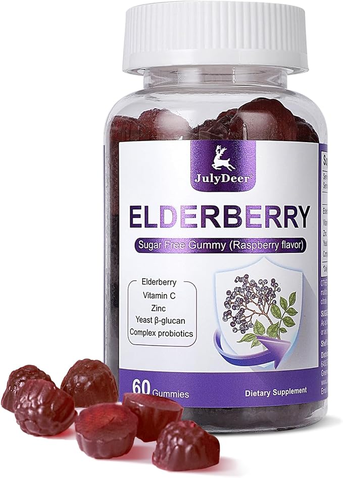 60 Gummies Sambucus Elderberry Gummies - Immune Support for Adults and kids 4+ 5 in 1 with Vitamin C, Zinc, Yeast β-glucan, Probiotics Complex, Nature Elderberry Supplement, Non-GMO, Gluten Free