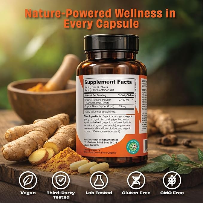 Pomona Wellness Organic Turmeric Supplement 2100 mg, USDA Organic, Non-GMO, Vegan, Turmeric Curcumin with Black Pepper for Absorption, for Joint Support and Immunity, 90 Tablets