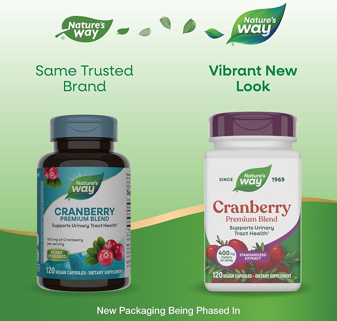 Nature's Way Premium Blend Cranberry, Urinary Tract Health Support*, with 100% Cranberry Concentrate, 400 mg Per Serving, 120 Capsules (Packaging May Vary)