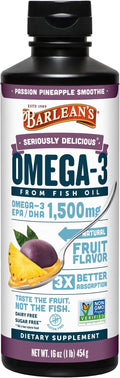 Barlean's Omega 3 Fish Oil Liquid Supplement for Men and Women, 1500mg of EPA and DHA Fatty Acid, Promotes Brain & Heart Health - Non-GMO, Passion Pineapple Smoothie, 16 oz