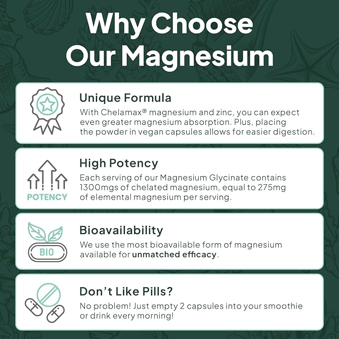 Organics Ocean Pure Magnesium Glycinate with Zinc - Maximum Strength Chelated Magnesium Supplement for Women and Men for Muscle Cramps and Sleep Support - 2 Bottles