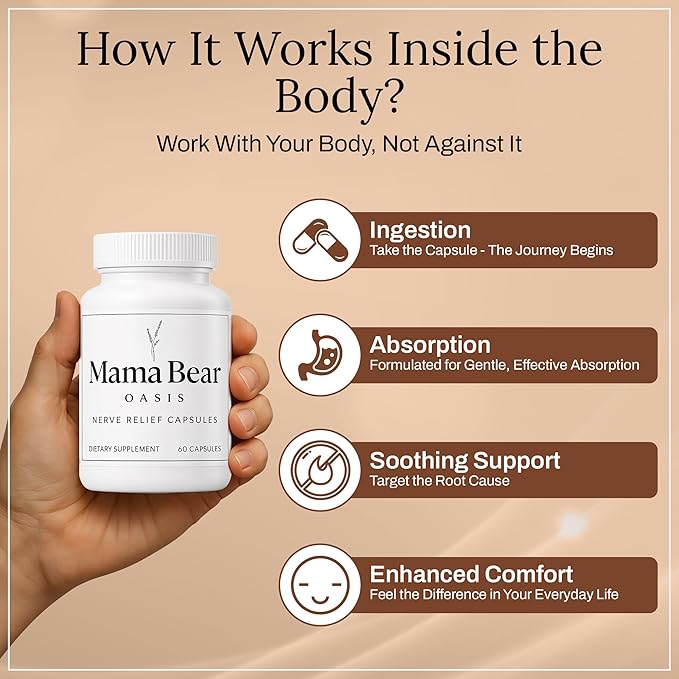 Mama Bear Oasis Nerve Support Capsules for Neuropathy - Advanced Nerve Vitamins & Repair Formula - Mobility Boost & Calm Blend - Regeneration Health Supplements - Neuropathy & Recovery Capsules 60 Ct