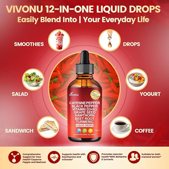 VivoNu Cayenne Pepper Softgels Supplement, Supports Leg Vein, Heart and Blood Vessel Health, with Vitamin E D3+K2 and Extracts of Grape Seed, Hawthorn, Beetroot, Berberine (Drops /4 Bottle)