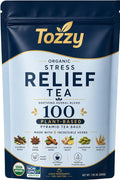 Tozzy Organic Stress Relief Tea – 6 Super Herb Calming Spiced Blend – Caffeine-Free with Licorice Root, Ginger & Cinnamon – Smooth, Naturally Sweet – 100 Pyramid Tea Bags