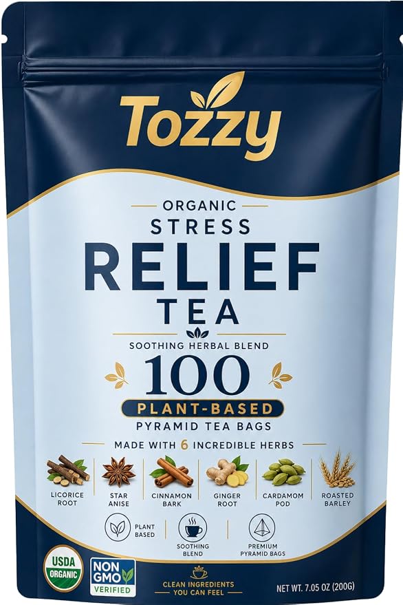 Tozzy Organic Stress Relief Tea – 6 Super Herb Calming Spiced Blend – Caffeine-Free with Licorice Root, Ginger & Cinnamon – Smooth, Naturally Sweet – 100 Pyramid Tea Bags