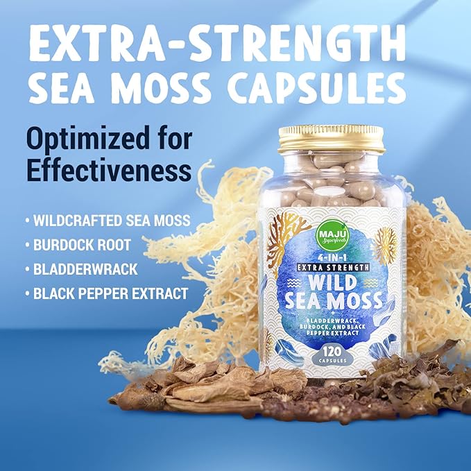 MAJU Wild Irish Sea Moss Capsules (120ct), Stronger Than Gel, 4-in-1 w/Bladderwrack + Burdock Root, Organic, Sebi Inspired, Raw, Seamoss Pills Powder, Wild (3-Pack)