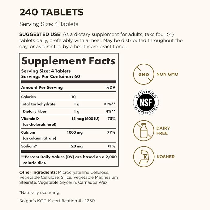 Solgar Calcium Citrate with Vitamin D3, 240 Tablets - Promotes Healthy Bones & Teeth, Supports Musculoskeletal & Nervous Systems - Non-GMO, Gluten-Free, Dairy Free, Kosher - 60 Servings
