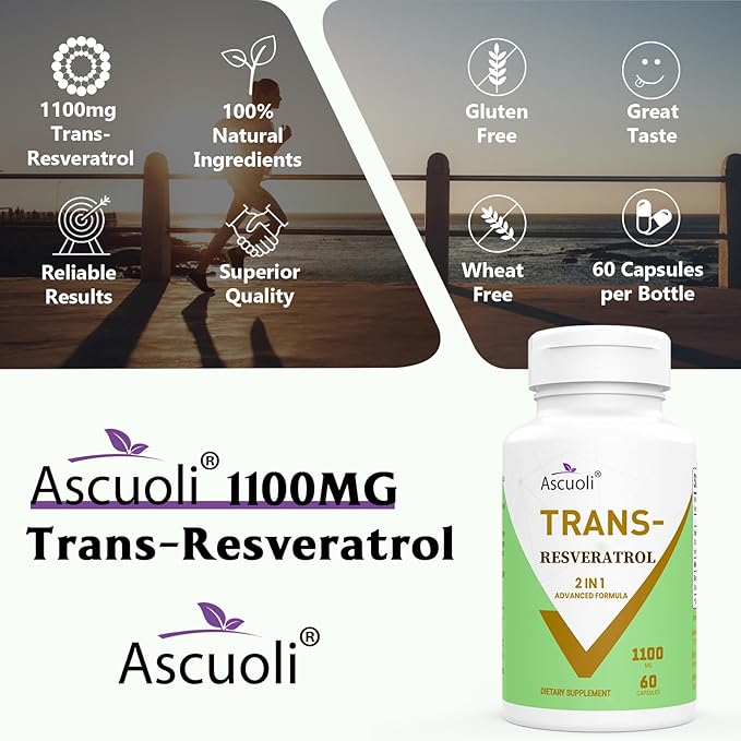 99% Ultra Purity Trans-Resveratrol 1100mg, 3-in-1 Advanced Formula Organic Resveratrol Supplement, Max Antioxidant, Anti-Aging, Skin Health, Cell Repair, Boost NAD+, Immune & Energy, 60 Caps