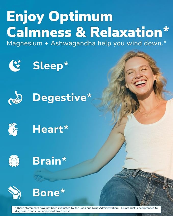 Vitalibre Magnesium Complex with Ashwagandha & L-Theanine - Stress Relief, Bone & Relaxation Support - w/Vitamin D3, B6 - Glycinate, Citrate, Malate, Taurate - 90 Vegan Capsules, Non-GMO, Gluten Free
