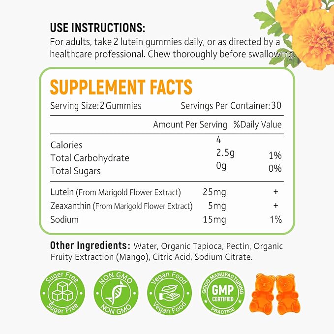Lutein Gummies 25mg - Eye Vitamins Lutein & Zeaxanthin Eye Health Supplements for Adults,Sugar Free Eye Health Gummies Supplement - Support Vision,Macular,Blue Light Filtering (60 Count)