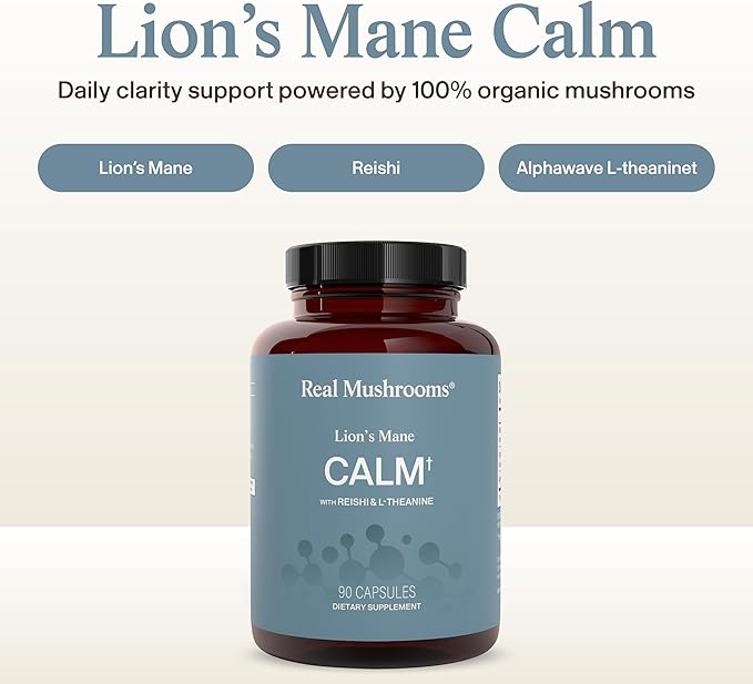 Real Mushrooms Lion’s Mane Calm Capsules (90 Count) – 400mg Organic Lions Mane Fruiting Body Extracts, 200mg Organic Reishi, 200mg AlphaWave L-Theanine for Calm Clarity & Relaxed Alertness, 90ct