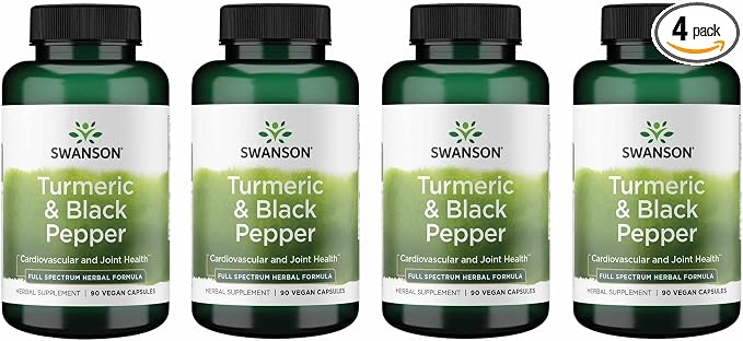 Swanson Premium Turmeric & Black Pepper Antioxidant Supplement for Active Adults Seeking Joint, Digestion, and Circulation Support - Non-GMO, Organic (90 Vegan Capsules, 4 Pack)