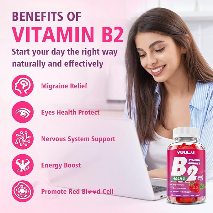 Vitamin B2 Gummies 400mg | Riboflavin Supplement with Magnesium for Kids & Adults, B2 Gummies for Migraine Relief, Nervous System & Skin Health, Vegan, Sugar-Free, Raspberry Flavor, 60 Count