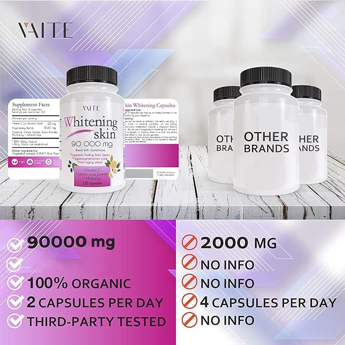 VAITE Glutathione Whitening Pills - Dark Spots & Acne Scar Remover - 90000mg - Vegan Skin Bleaching Pills with Anti-Aging & Antioxidant Effect - 120 Capsules (2 Pack)