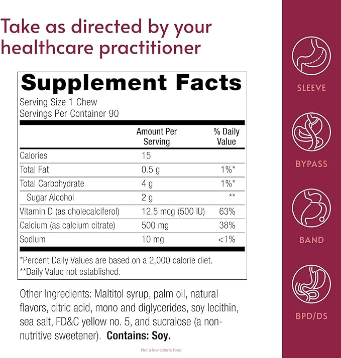 Bariatric Advantage Calcium Citrate Chewy Bites 500 mg - Highly Absorbable & Digestible - Vitamin D3 - Easily Chewable Calcium Supplement - Pineapple Mango - 90 Count