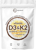 Micro Ingredients Vitamin D3 10,000 IU + K2 MK-7 200 mcg, 180 Softgels with Virgin Coconut Oil | 2-in-1 Vitamins D & K Complex | Extra Strength, Easy to Swallow, Non-GMO, Gluten Free