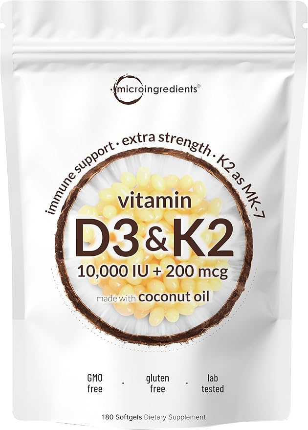 Micro Ingredients Vitamin D3 10,000 IU + K2 MK-7 200 mcg, 180 Softgels with Virgin Coconut Oil | 2-in-1 Vitamins D & K Complex | Extra Strength, Easy to Swallow, Non-GMO, Gluten Free