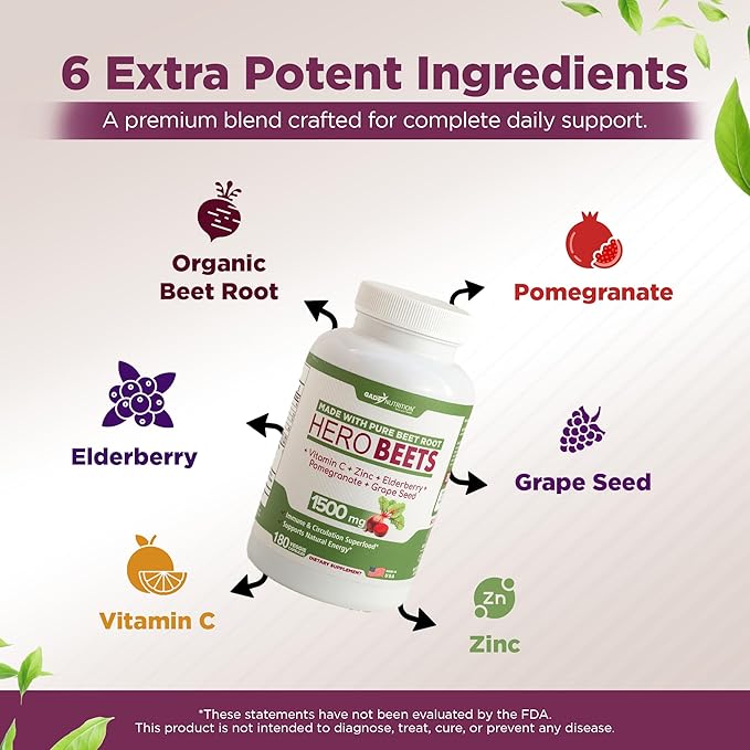 Gade Nutrition Hero Beets - Beet Root Capsules 1500mg - Organic Beet Root Powder + Vitamin C Zinc, Elderberry, Pomegranate, Grape Seed Extract - 3 Months Supply