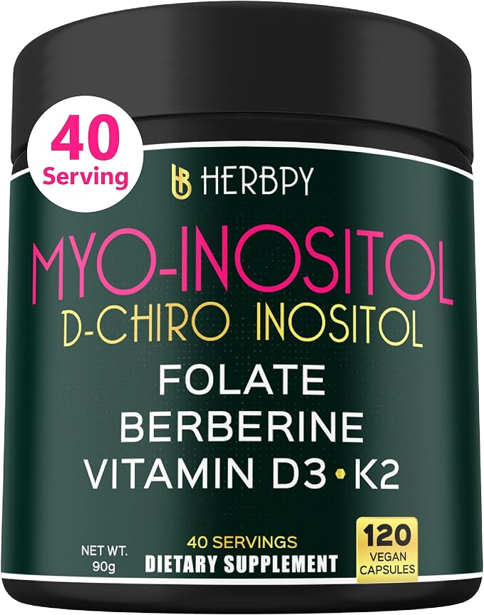 Herbpy 6in1 Premium 40:1 Myo-Inositol & D-Chiro Inositol Supplement for Women with Folate, Berberine HCl 97%, Vitamin D3 & K2 - Hormonal Balance & Ovarian Health Support- 120 Vegan Capsules