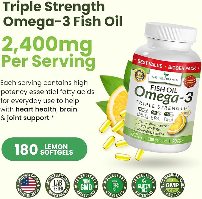 Triple Strength Omega 3 Fish Oil Supplements 2400mg | 180 Capsules, Burpless High Potency Lemon Flavor, High EPA DHA for Men & Women Ultra Pure Softgels | Joint Support, Eyes, Heart Brain Health Pills