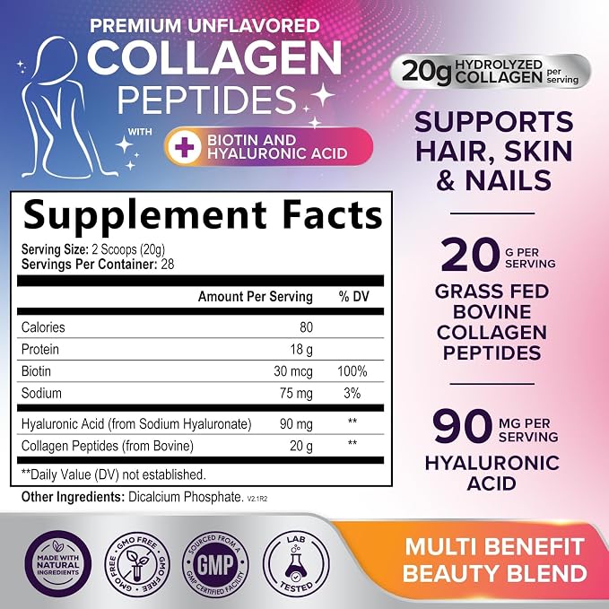 Collagen Peptides Powder - Hydrolyzed Type 1 & 3 Collagen Peptides 20g per Serving with Hyaluronic Acid & Biotin - Vital Nail, Skin & Joint Support - No Sugar, Unflavored, Bottled in USA - 28 Servings