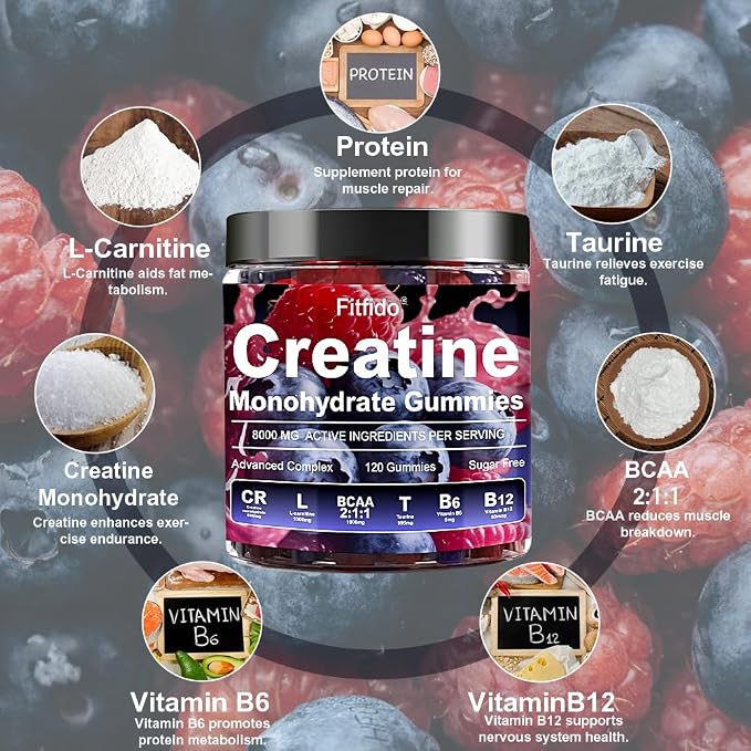 Creatine Monohydrate Gummies Complex 5000mg for Men and Women, Containing L-carnitine & Taurine, Build Muscle, Boost Energy, Faster Recovery, Sugar Free & Vegan, Raspberry & Blackberry, 120 Count