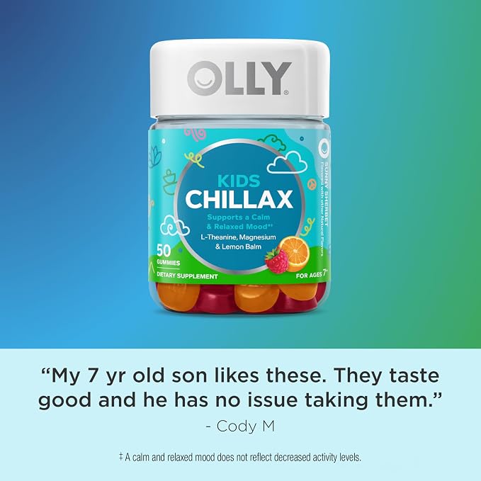 OLLY Kids Chillax Gummy, For a Calm and Relaxed Mood*, Magnesium, L-Theanine, Lemon Balm Extract, Chewable Supplement, Sherbet Flavored, 25 Day Supply - 50 Count (Packaging May Vary)