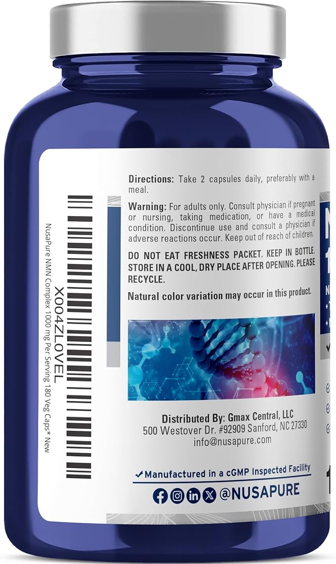 NusaPure NMN Complex 1,000 mg per Serving with Resveratrol, Turmeric Root, Quercetin & BioPerine, 180 Vegan Capsules (90 Servings) – Non-GMO, Vegan, Lab Tested, Made in cGMP Facility