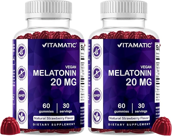 Vitamatic Melatonin 20mg Gummies for Adults, 30 Servings - 60 Count - Non-Habit Forming Supplement (Pack of 2)