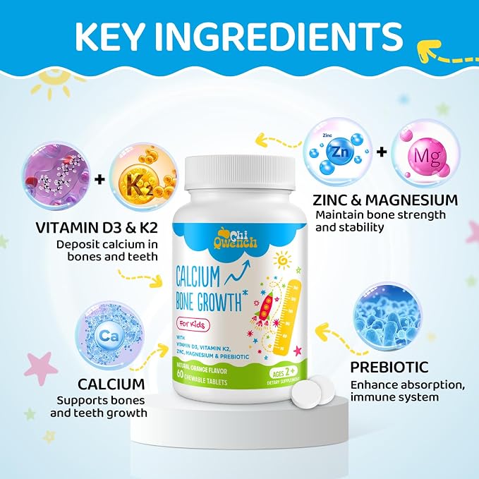 ChiQwench 500 MG Calcium Supplement with Vitamin D3 & K2, Zinc, Magnesium & Prebiotics. Kids Vitamins for Kids' Height. Bone Strength, High Absorption, Orange Chewables, Non-GMO, Gluten Free, 60 Tabs