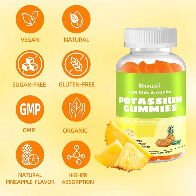 90 Count 1200mg Potassium Chloride Gummies,Sugar Free Electrolyte Balance Gummies,Muscle Relief & Heart Health Potassium Supplement for Adults Women Men