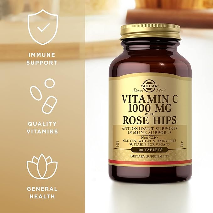 Solgar Vitamin C 1000 mg with Rose Hips - 100 Tablets - Antioxidant & Immune Support - Non-GMO, Vegan, Gluten Free, Dairy Free, Kosher - 100 Servings