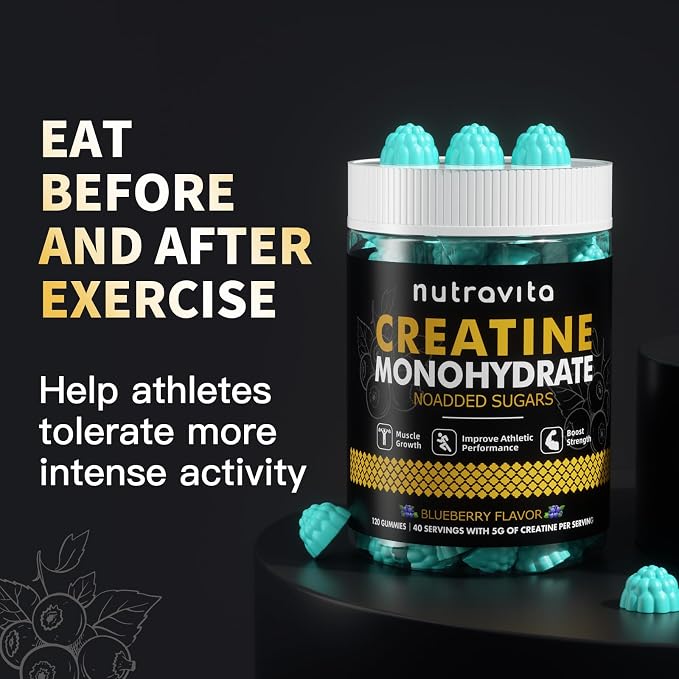Nutravita NSF Certified Creatine Gummy - Creatine Monohydrate Gummies for Men & Women-5g of Creatine Monohydrate per Serving - Sugar Free,Vegan, Blueberry Flavor, 120 Count